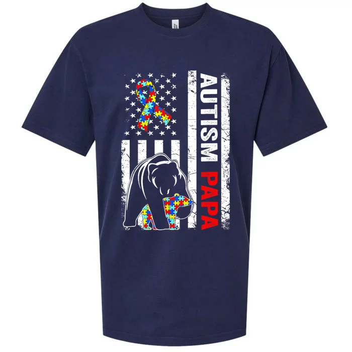 Distressed American Flag Autism Papa Bear Awareness Sueded Cloud Jersey T-Shirt