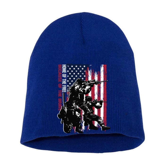 Distress American Flag Home Of The Free Because Of The Brave Gift Short Acrylic Beanie