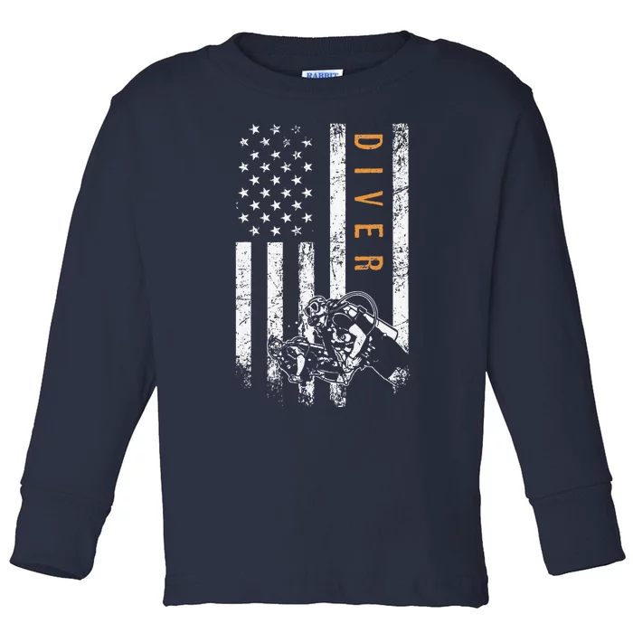 Diver American Flag Design Scuba Diving Toddler Long Sleeve Shirt