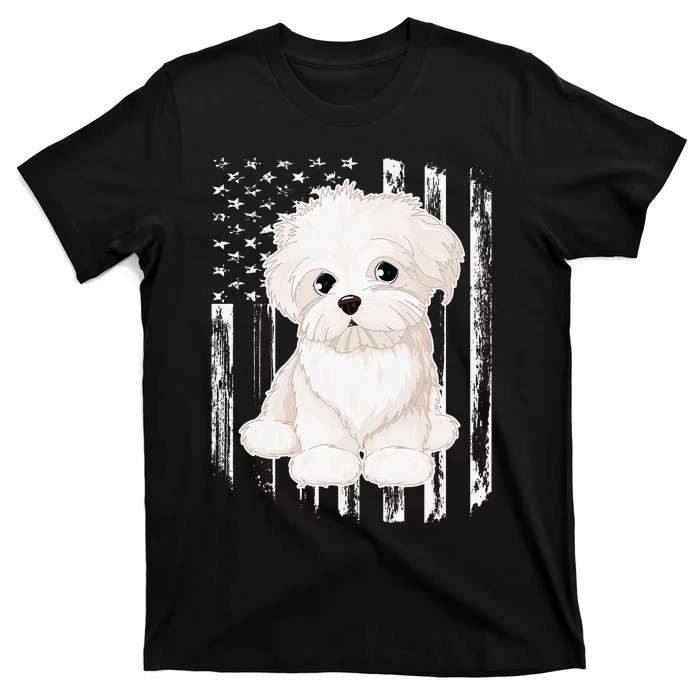 Distressed American Flag Maltese Dog 4th of July T-Shirt