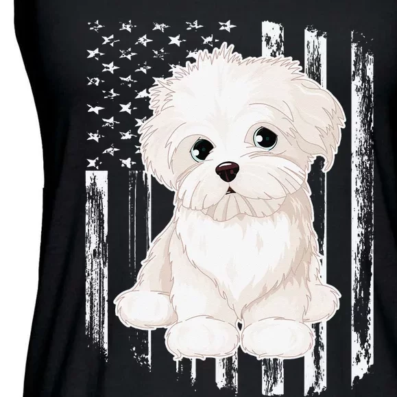 Distressed American Flag Maltese Dog 4th of July Ladies Essential Flowy Tank