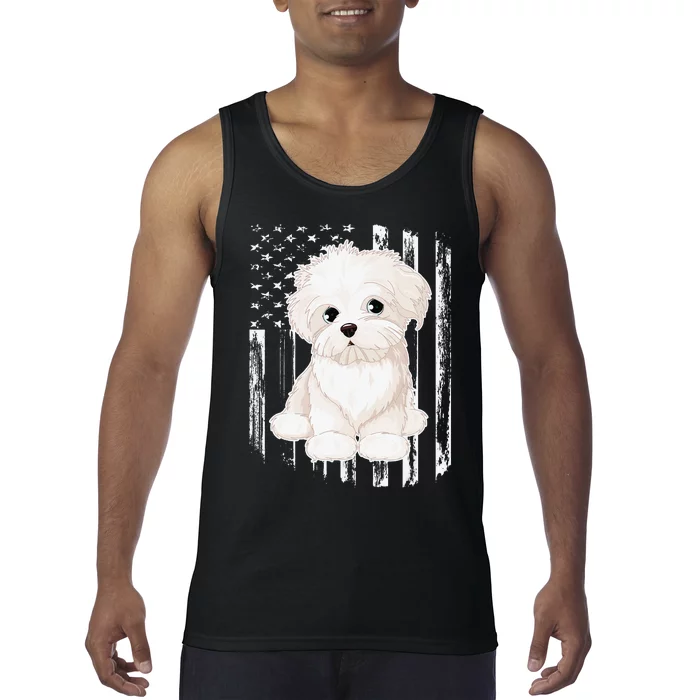 Distressed American Flag Maltese Dog 4th of July Tank Top