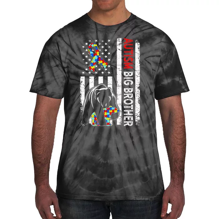 Distressed American Flag Autism Big Brother Bear Awareness Tie-Dye T-Shirt