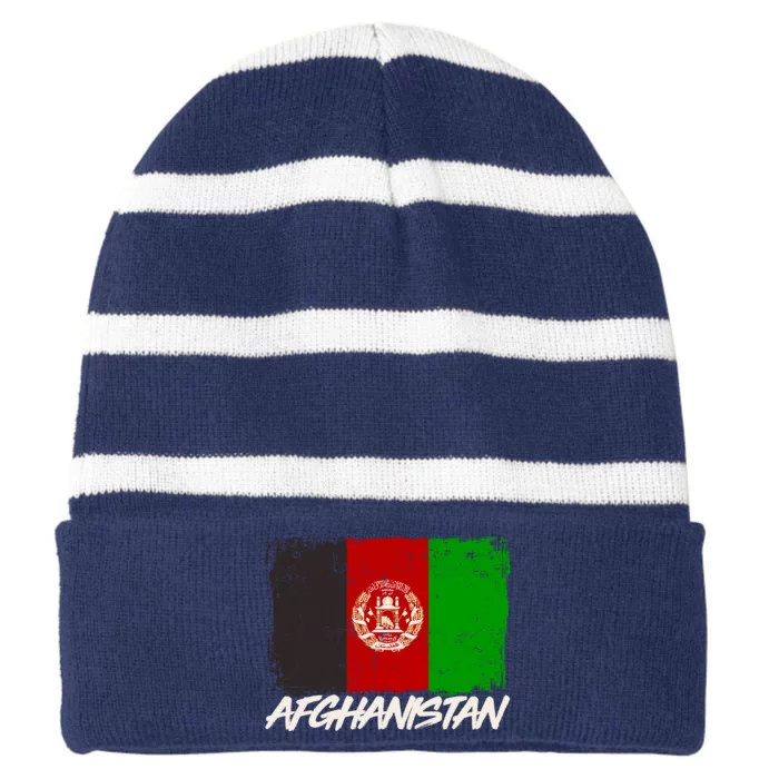 Distressed Afghanistan Flag Striped Beanie with Solid Band