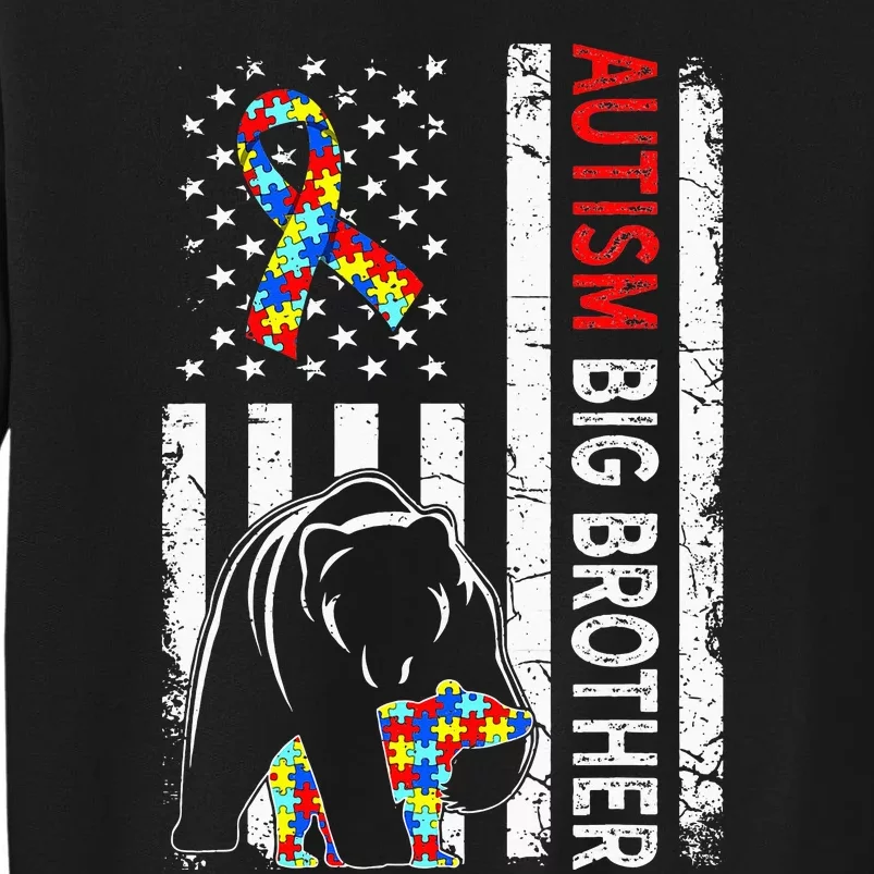 Distressed American Flag Autism Big Brother Bear Awareness Tall Sweatshirt