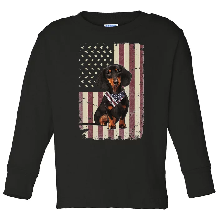 Dachshund American Flag Bandana 4th Of July Gifts Toddler Long Sleeve Shirt