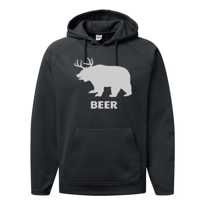 Deer Antlers + Grizzly Bear = Beer Funny Hunting Drinking Performance Fleece Hoodie