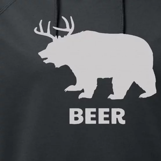 Deer Antlers + Grizzly Bear = Beer Funny Hunting Drinking Performance Fleece Hoodie