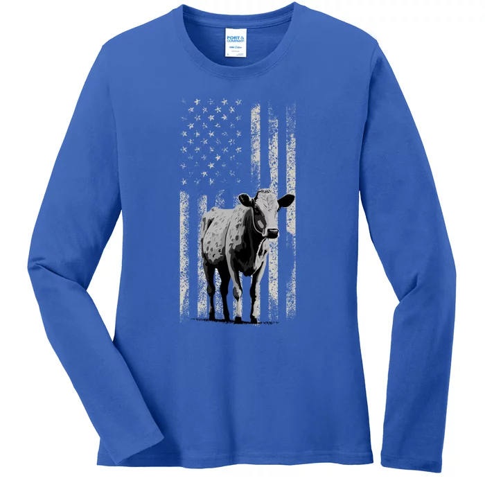 Distressed Americanmeaningful Giftflag Cow Vintage Patriotic Farmer Funny Gift Ladies Long Sleeve Shirt