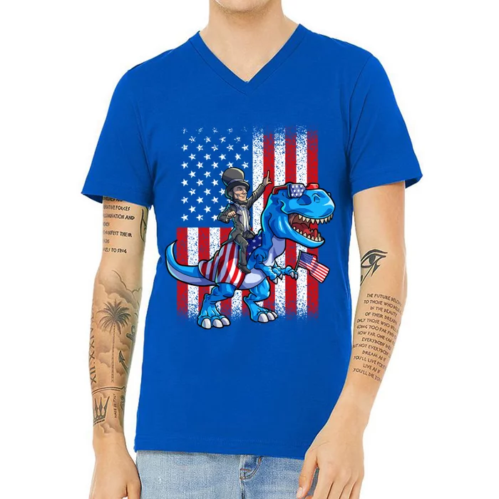 Dino Abraham Lincoln 4th Of July American Flag V-Neck T-Shirt