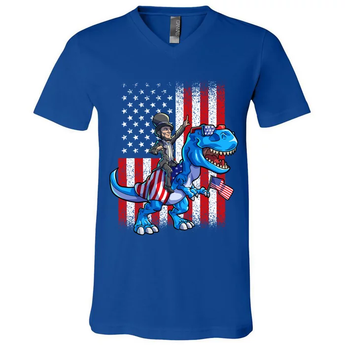 Dino Abraham Lincoln 4th Of July American Flag V-Neck T-Shirt