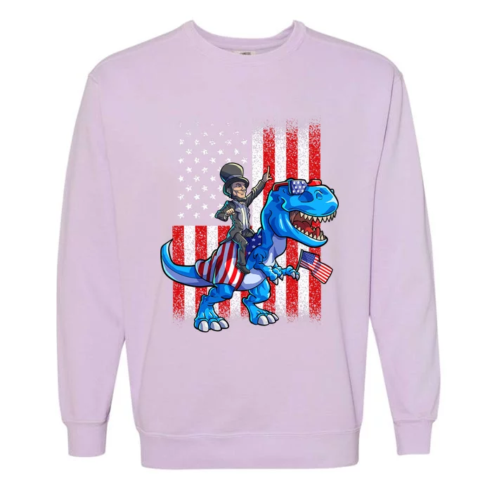 Dino Abraham Lincoln 4th Of July Shirt Boys American Flag Garment-Dyed Sweatshirt