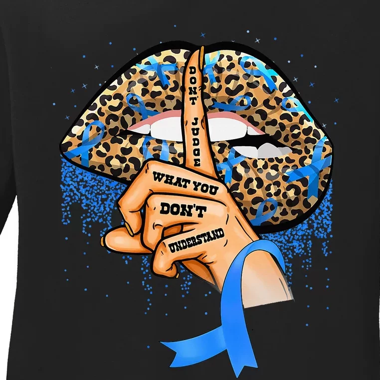 Diabetes Awareness Leopard Lips Blue Ribbon Warrior Ladies Long Sleeve Shirt