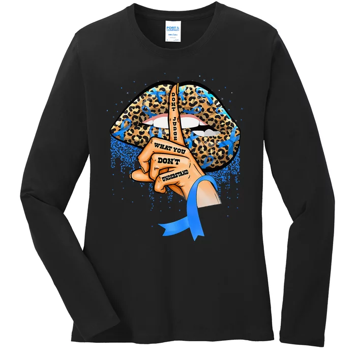 Diabetes Awareness Leopard Lips Blue Ribbon Warrior Ladies Long Sleeve Shirt