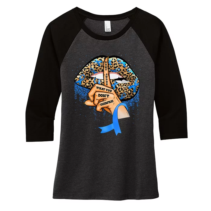 Diabetes Awareness Leopard Lips Blue Ribbon Warrior Women's Tri-Blend 3/4-Sleeve Raglan Shirt