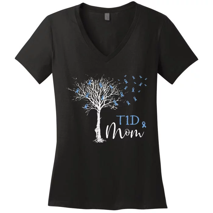 Diabetes Awareness Month T1D Mom Blue Ribbon Women's V-Neck T-Shirt