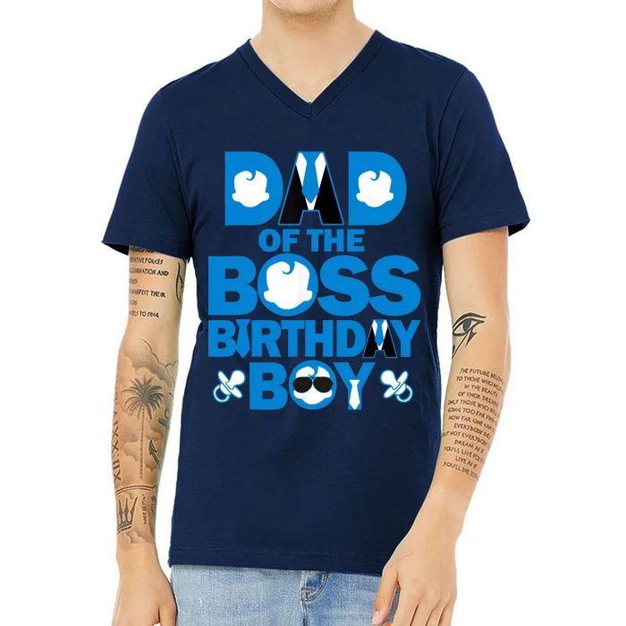 Dad And Mom Of The Boss Birthday Boy Baby Family Party Decor V-Neck T-Shirt