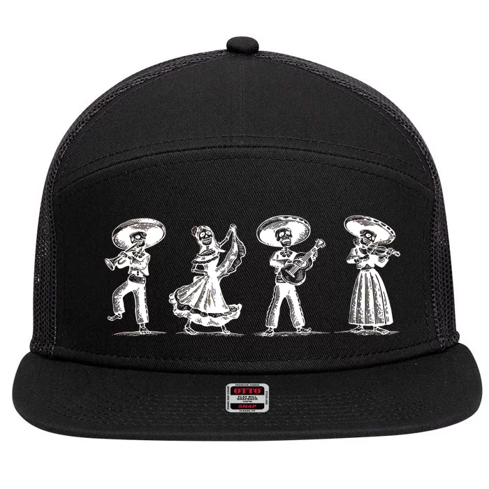 Dancing Mexican Skeletons Playing Music 7 Panel Mesh Trucker Snapback Hat