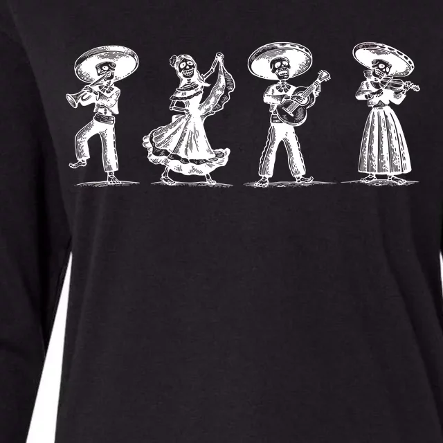 Dancing Mexican Skeletons Playing Music Womens Cotton Relaxed Long Sleeve T-Shirt