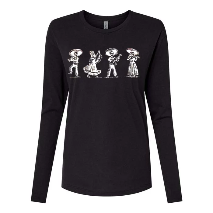 Dancing Mexican Skeletons Playing Music Womens Cotton Relaxed Long Sleeve T-Shirt