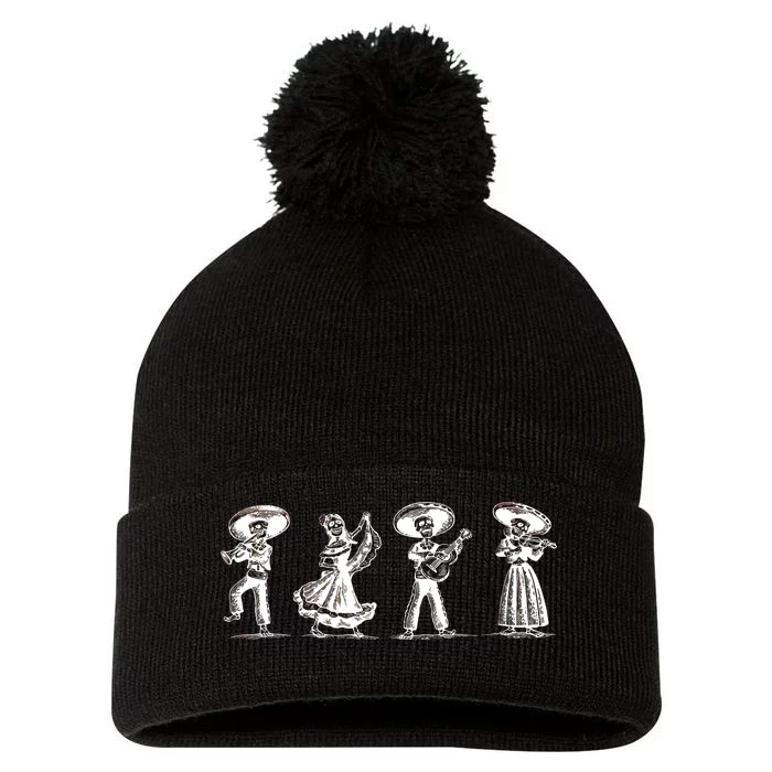 Dancing Mexican Skeletons Playing Music Pom Pom 12in Knit Beanie