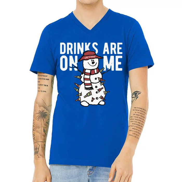 Drinks Are On Me Snowman Funny Christmas V-Neck T-Shirt