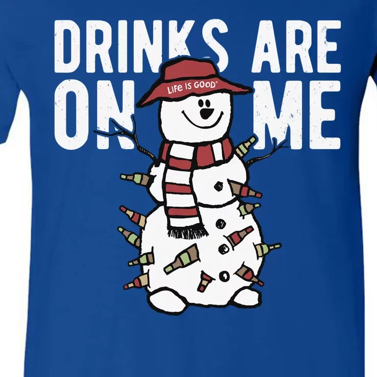 Drinks Are On Me Snowman Funny Christmas V-Neck T-Shirt