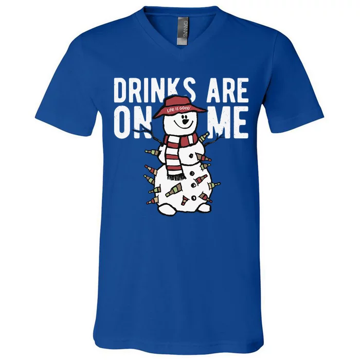 Drinks Are On Me Snowman Funny Christmas V-Neck T-Shirt