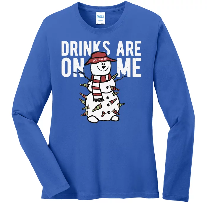 Drinks Are On Me Snowman Funny Christmas Ladies Long Sleeve Shirt