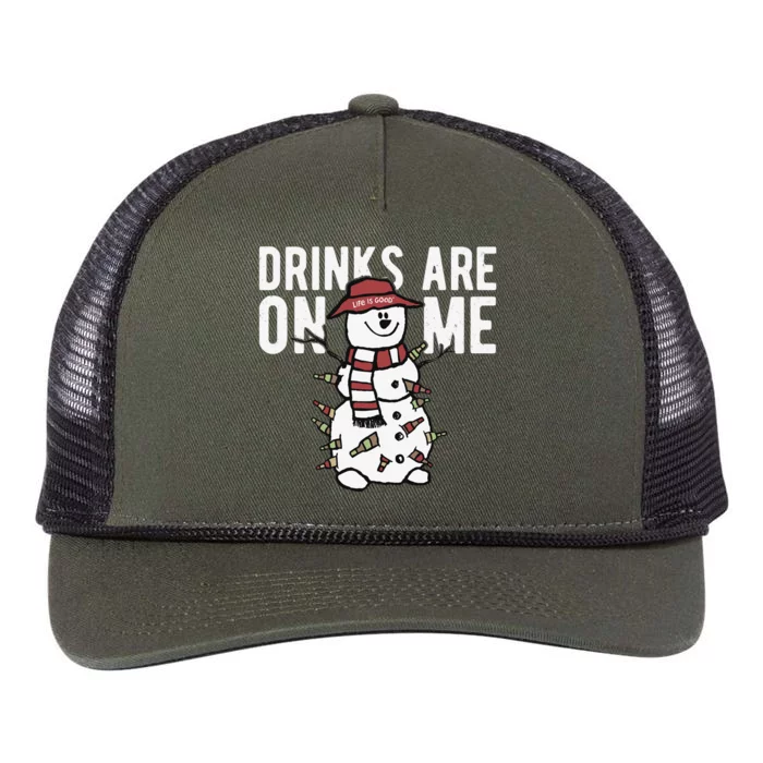 Drinks Are On Me Snowman Funny Christmas Retro Rope Trucker Hat Cap