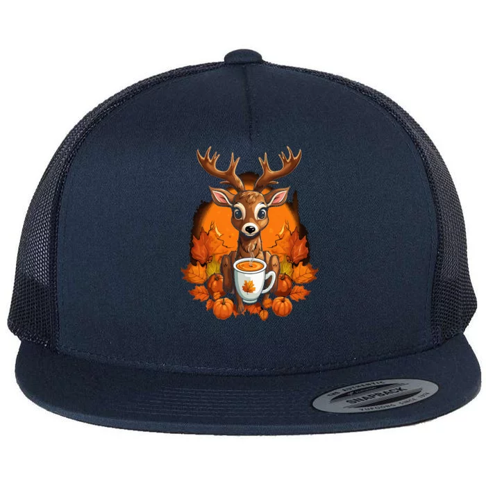 Deer Antlers Pumpkin Spice Latte Fall Thanksgiving Halloween Flat Bill Trucker Hat