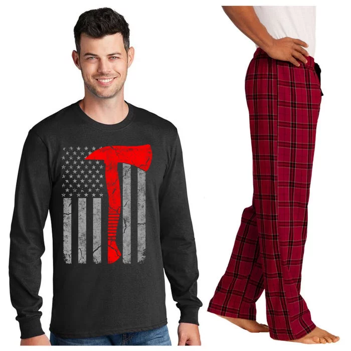 Distressed American Patriot Red Line Axe Firefighter Flag Gift Long Sleeve Pajama Set