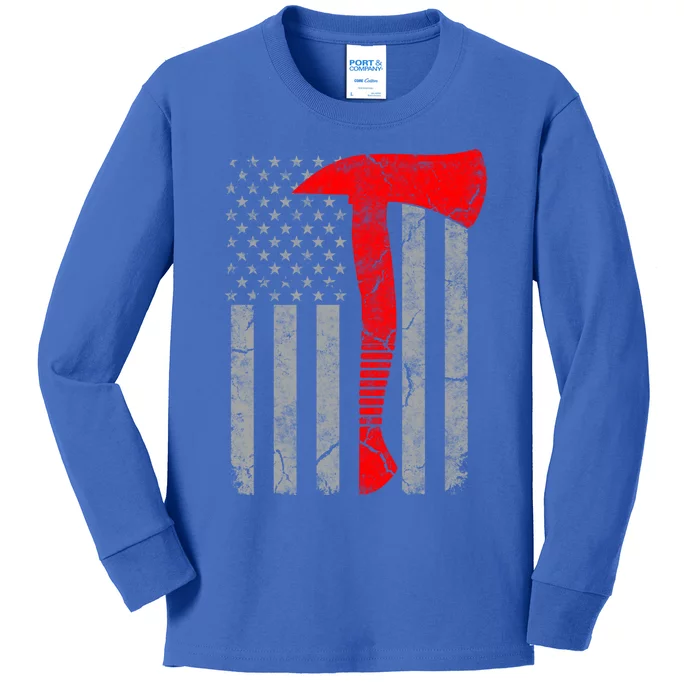 Distressed American Patriot Red Line Axe Firefighter Flag Gift Kids Long Sleeve Shirt