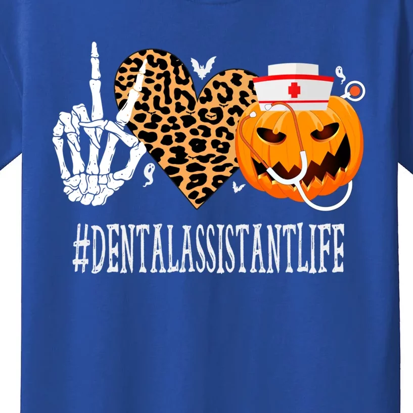 Dental Assistant Peace Love Pumpkin Funny Halloween Leopard Gift Kids T-Shirt