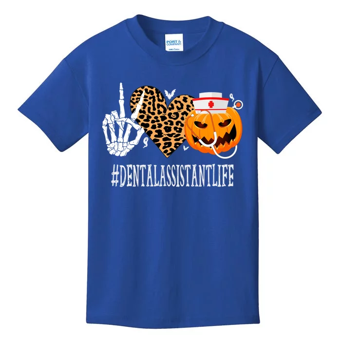 Dental Assistant Peace Love Pumpkin Funny Halloween Leopard Gift Kids T-Shirt