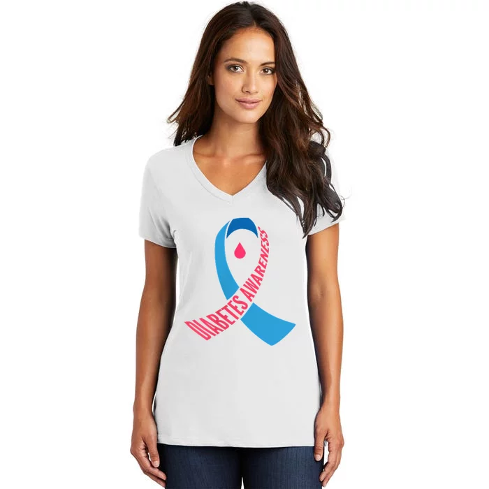 Diabetes Awareness Ribbon With Blood Drop Design Women's V-Neck T-Shirt