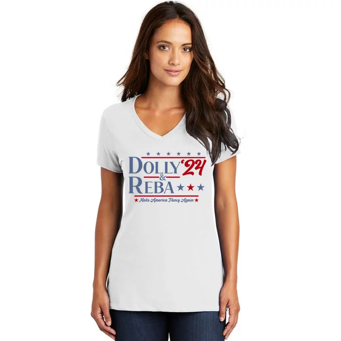 Dolly And Reba 2024 Make America Fancy Again Retro Vintage Women's V-Neck T-Shirt