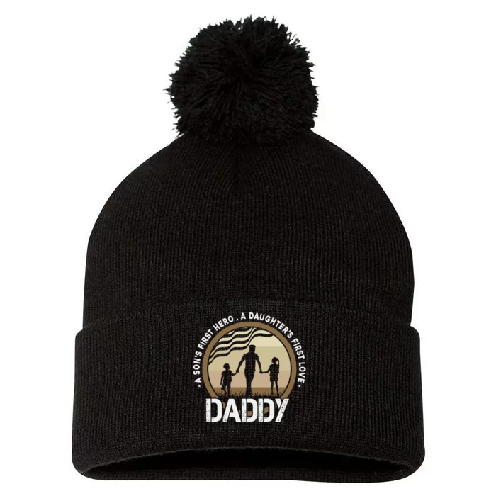 Daddy A Sons First Hero Daughters First Love Pom Pom 12in Knit Beanie