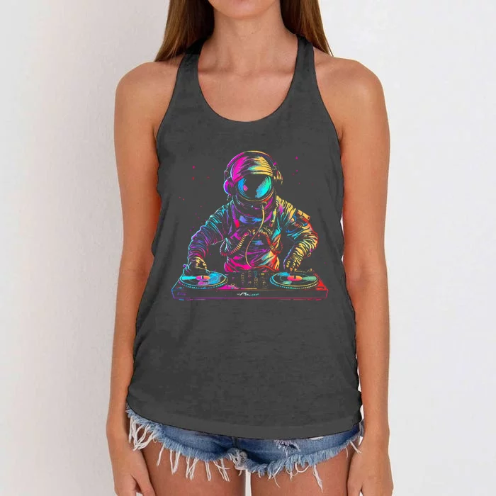 Dj Astronaut Space Edm Techno House Music Vinyl Record Funny Women's Knotted Racerback Tank