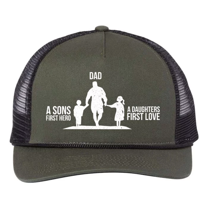 Dad A Sons First Hero A Daughters First Love Gift Retro Rope Trucker Hat Cap