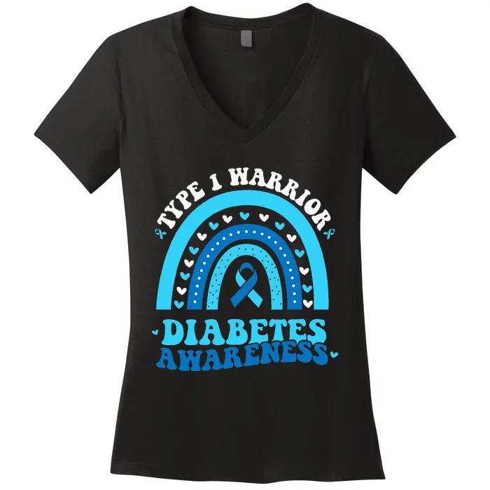 Diabetes Awareness Type 1 Warrior T1D Blue Ribbon Women's V-Neck T-Shirt