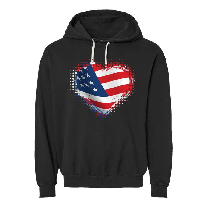 Distressed American USA Flag Heart Garment-Dyed Fleece Hoodie