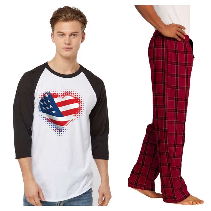 Distressed American USA Flag Heart Raglan Sleeve Pajama Set