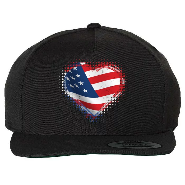 Distressed American USA Flag Heart Wool Snapback Cap