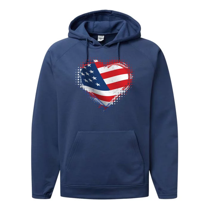 Distressed American USA Flag Heart Performance Fleece Hoodie