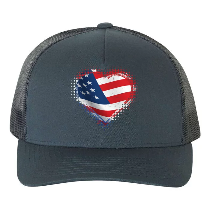 Distressed American USA Flag Heart Yupoong Adult 5-Panel Trucker Hat