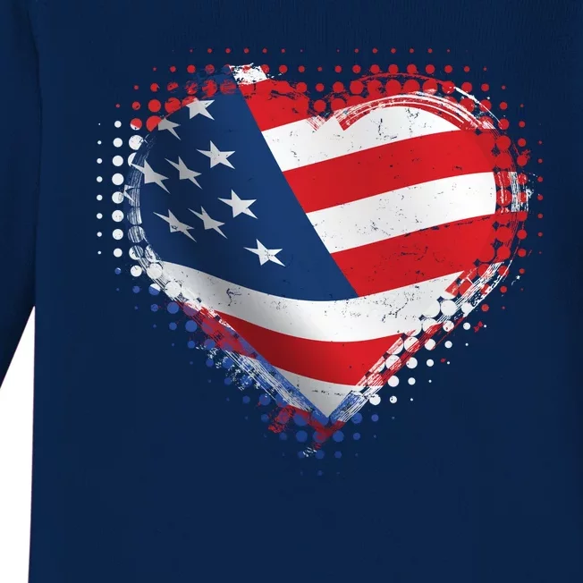 Distressed American USA Flag Heart Baby Long Sleeve Bodysuit