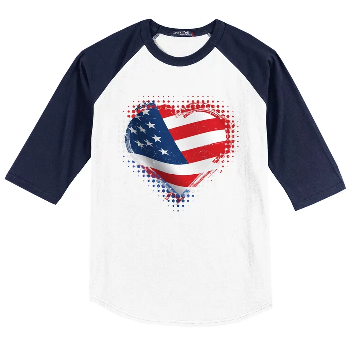 Distressed American USA Flag Heart Baseball Sleeve Shirt