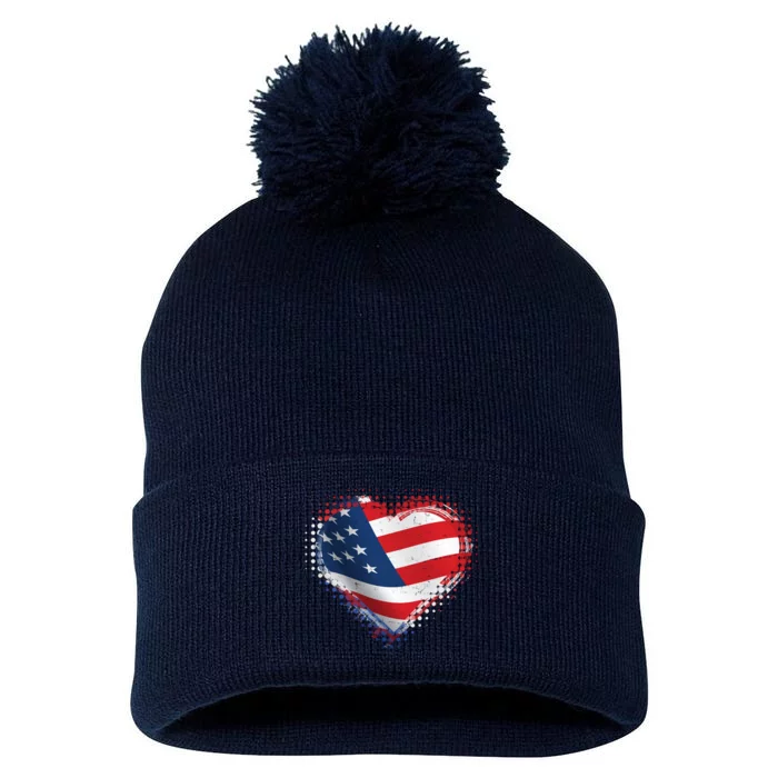 Distressed American USA Flag Heart Pom Pom 12in Knit Beanie