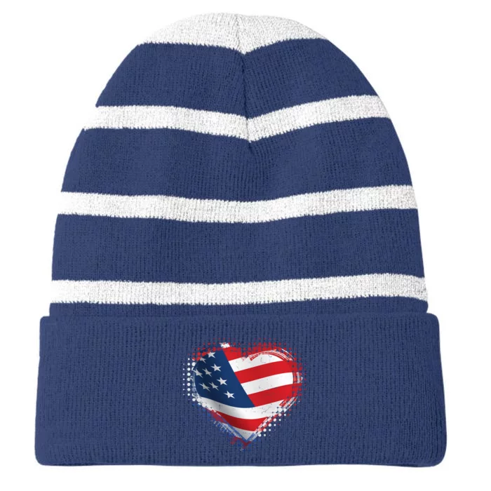 Distressed American USA Flag Heart Striped Beanie with Solid Band